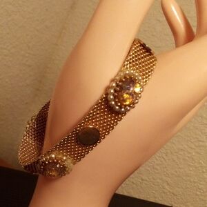 Gold Tone Mesh Bracelet with Amber Crystal Accents